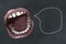 Ugly Teeth, open Mouth and something to say in empty Speech Bubble on Blackboard. Concept illustrated in Classic Style