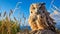 Uhd Image Of Owl Perched On Rocks With Grass Background