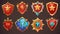 UI design for game level rank progress badge with star, golden frame and gemstones. Cartoon set of evolution stages of