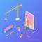 UI UX Design App Development Isometric Flat vector illustration. People working building interface in Mobile Phone Smartphone