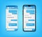 UI UX Phone chat blue interface. Text message mobile phone. Text messaging bubles in mobile application on a smartphone