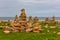 Uk coloured towers by the sea laid by people