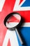 UK flag looking through a magnifying glass. The study of the history and culture of the people of the great country of England.