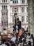 UK, London, 6/6/2020 - A Black Lives Matter protester who`s climbed on a traffic light to wave an anti-racism placard