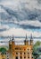 UK, London, Tower of London and green trees against the pre-threatening sky, travel sketch, watercolor pattern