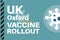 UK Oxford Vaccine Rollout - Illustration with virus logos on a blue background