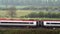 Uk railroad next to rapeseed field and sheep on another side under overcast rain. railway landscape