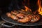 uk-style banger sausages sizzling on a hot grill plate