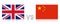 UK versus China. The United Kingdom against the People`s Republic of China. National flags with reflection.