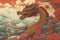 ukiyo-e style paint dragon with mountain and flowers ,Generater by AI ,