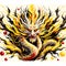 Ukiyo painting art of a charming dragon with red eyes and yellow auras, on white background, magical animal design