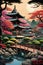 Ukiyoe design painting of beautiful Japanese garden in soft color with blossoms tree, ancient building, stones, plants, art
