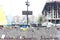 UKRAINE - APR 20, 2014: Downtown of Kiev. Burned house unions and burnt signboard Khreschatyk Street. Riot in Kiev and Weste