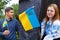 Ukraine banner. Ukrainian teen and young man. Pray for Ukraine.