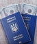 Ukraine biometric passport and cash US dollars, on a light wooden background