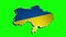 Ukraine country shape without the Crimean Peninsula, with metallic blue yellow flag and borders - 3D animation on green screenn.