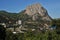 Ukraine, Crimea, Novyi Svit with rock Mountain Falcon Sokil raising behind.