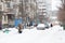 Ukraine Dnipro 01.13.2021 - snow fell in a residential area of the city of Dnipro, townspeople on the streets