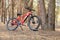 Ukraine Dnipro 05.04.2021 - a red electric bike is recharged in a forest in a park, new technologies