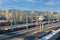 Ukraine, donbass, view of the city of mariupol from above on the railway tracks and freight wagons, urban landscape,