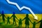 Ukraine flag background of the arrow chart down. Decrease in the number of the country`s rape. Fertility below the measurement.