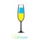 Ukraine flag champagne glass icon, beverage goblet with blue-yellow cocktail. National patriotic symbol of victory over Russia in