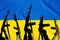 Ukraine flag and combat military assault rifles AK 74 and AK 74U on its background, war and destruction.