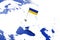 Ukraine flag. Country flag with chrome flagpole on the world map. 3d illustration rendering flag