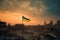 Ukraine flag flies atop a ruined building in a city, a symbol of hope and perseverance amidst destruction and chaos