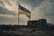 Ukraine flag flies atop a ruined building in a city, a symbol of hope and perseverance amidst destruction and chaos