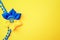 Ukraine flag symbol background. Ukrainian flower trident symbol isolated on yellow banner. Support Ukraine concept.