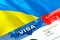 Ukraine immigration visa. Closeup Visa to Ukraine focusing on word VISA, 3D rendering. Travel or migration to Ukraine destination
