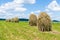 UKRAINE, JUNE, 2017: Hay stacks on farmland against the blue sky