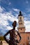 Ukraine. Kamianets-Podilskyi. October 21, 2021. Monument to the tourist in the central square