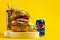 UKRAINE, KIEV - AUGUST 24, 2021: Big burger with chicken cutlet, fries and Pepsi cola