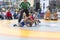 Ukraine, Kiev, Ukraine 09.09.2018 boys on street tatami engaged in Greek wrestling