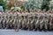 Ukraine, Kyiv - August 18, 2021: Military women and girls in uniform. Ukrainian military march in the parade. Army