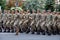 Ukraine, Kyiv - August 18, 2021: Women officers. Military woman. Soldier. Ukrainian military march in the parade. Army