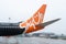 Ukraine, Kyiv - December 29, 2020: A Boeing 737-75C passenger plane stands on the runway of the foggy Boryspil airport. AIRCRAFT