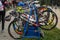 UKRAINE, LVIV - SEPTEMBER 2018: Sports bicycles in the parking area in the transfer area of the triathlon competition