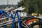 UKRAINE, LVIV - SEPTEMBER 2018: Sports bicycles in the parking area in the transfer area of the triathlon competition