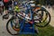 UKRAINE, LVIV - SEPTEMBER 2018: Sports bicycles in the parking area in the transfer area of the triathlon competition