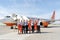 Ukraine, Odessa - July 16, 2021: Pilots and stewardesses on the background of the passenger plane Boeing 737-8Z0 SkyUp