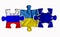 Ukraine, Russia end EU flags on three puzzle pieces on a white isolated background. The concept of political relations. 3D