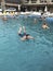 UKRAINE, SOLOTVINO, SEPTEMBER 3, 2019, Vacationers take water procedures in the salt water pool. Water keeps them on the surface.