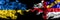 Ukraine, Ukrainian vs United Kingdom, Great Britain, British, Herm  smoky mystic flags placed side by side. Thick colored silky