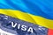 Ukraine Visa Document, with Ukraine flag in background. Ukraine flag with Close up text VISA on USA visa stamp in passport,3D