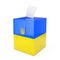 Ukraine Vote Concept. Vote Paper falls in to Vote Box with Ukraine Flag and Coat Of Arms. 3d Rendering