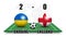 Ukraine vs England . Soccer ball with national flag pattern on perspective football field . Dots world map background . Football