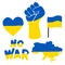 Ukraine war vector icon set. Hand drawn vector illustration Ukraine and Russia war. Stop war sign, human fist, heart, Ukraine flag